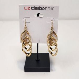 Liz Claiborne Shiny Gold Tone Dangle Drop Hook Earrings Pierced Statement New